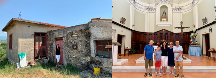 Left: Woman poses in front of an old rural house. Right: 5 people pose in front of the alter of a traditional Catholic church.