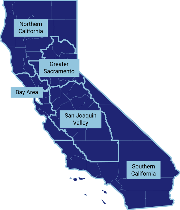 Map of California, divided into 5 regions