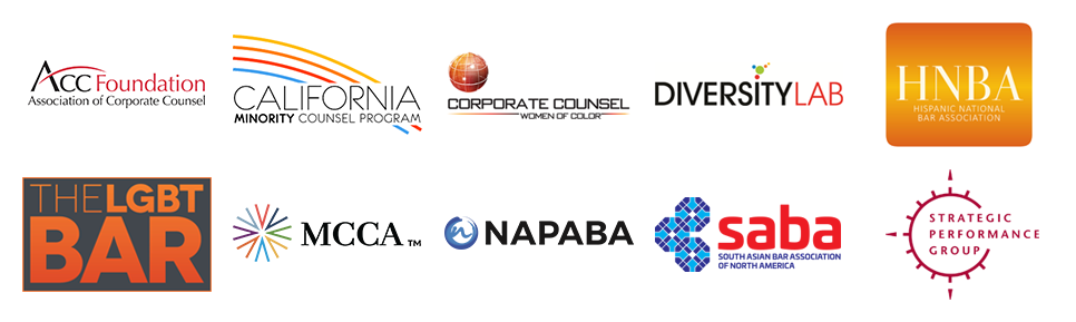 Logos of ACC Foundation, California Minority Counsel Program, Corporate Counsel Women of Color, Diversity Lab, Hispanic National Bar Association, The LGBT Bar, MCCA, NAPABA, South Asian Bar Association, and Strategic Performance Group