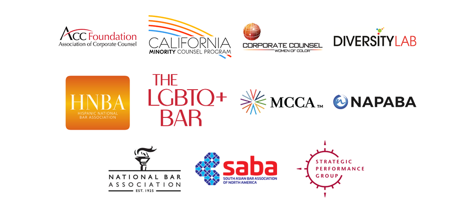 Logos of ACC Foundation, California Minority Counsel Program, Corporate Counsel Women of Color, Diversity Lab, Hispanic National Bar Association, The LGBT Bar, MCCA, NAPABA, The National Bar Association, South Asian Bar Association, and Strategic Performance Group